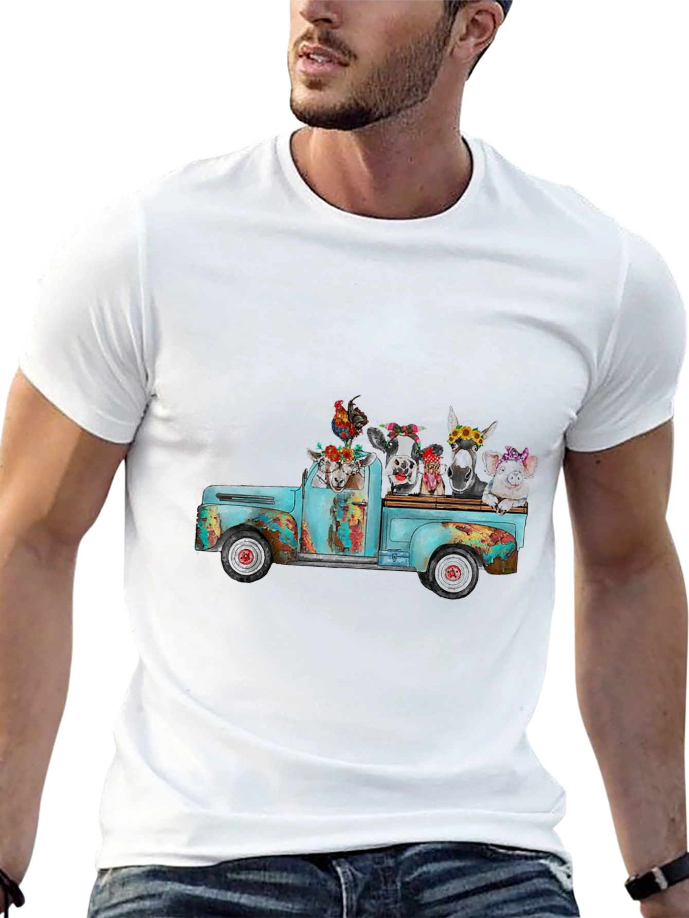 Camiseta Negra con Diseño de Camioneta y Animales