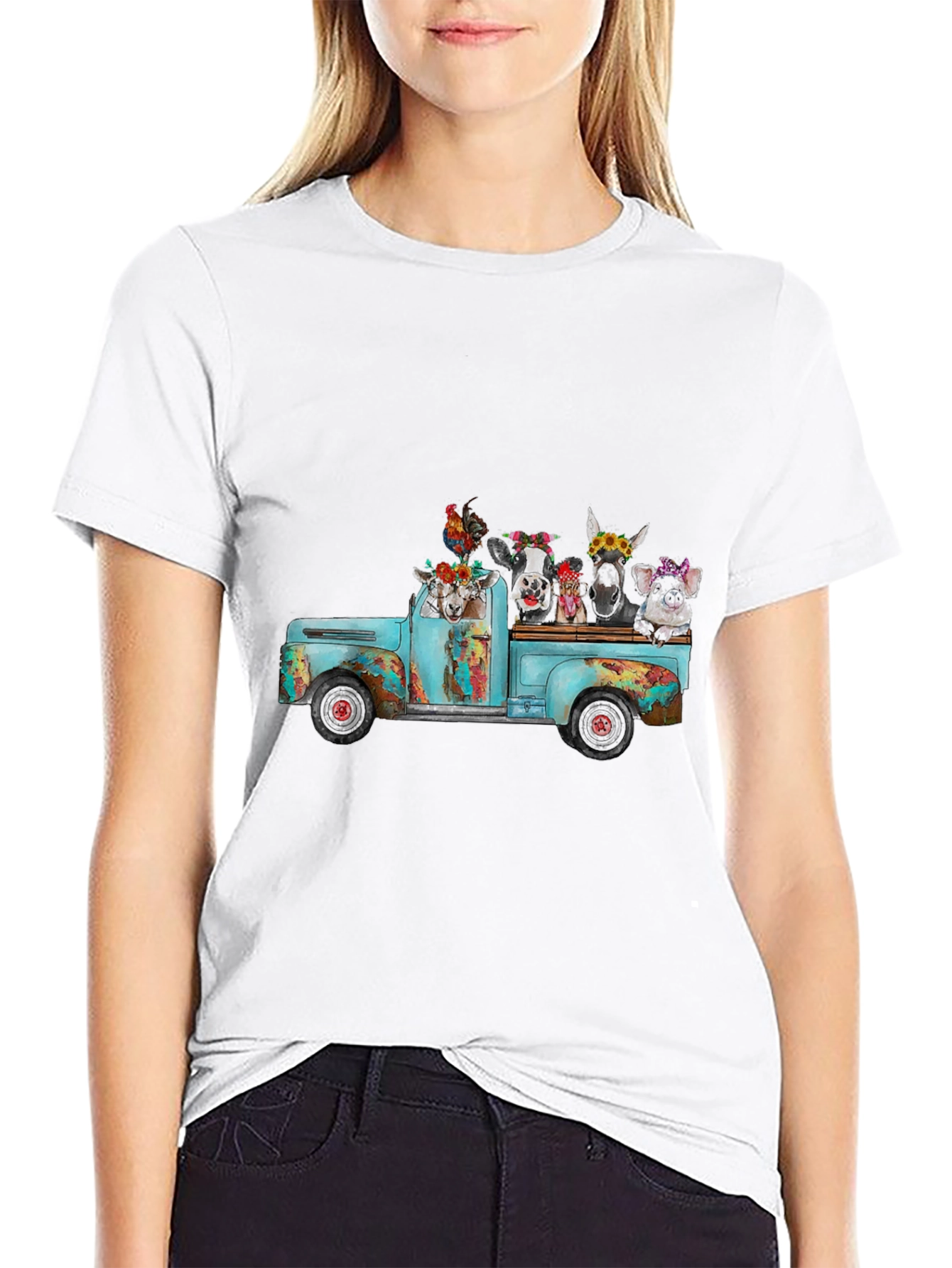 Camiseta Negra con Diseño de Camioneta y Animales