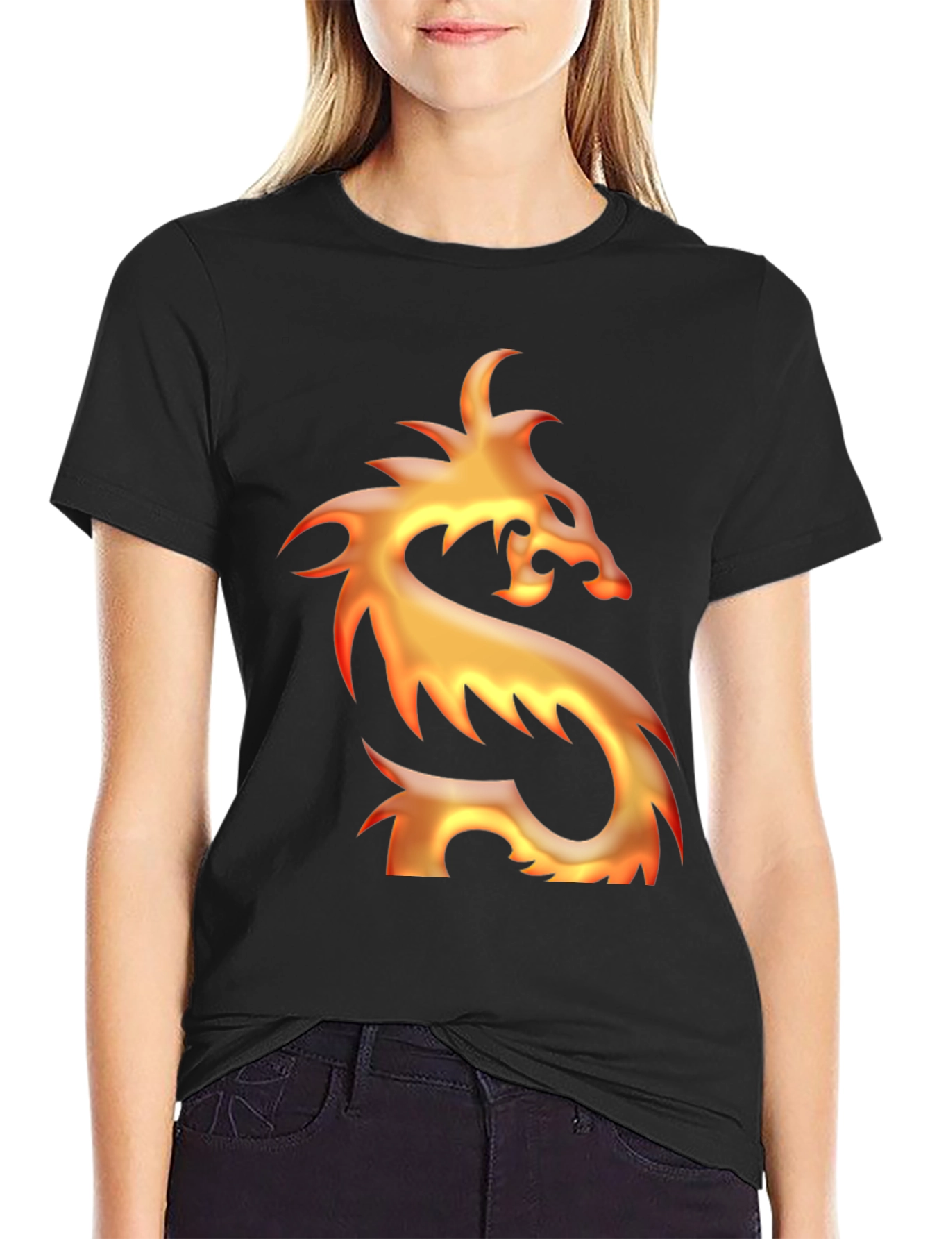 Camiseta Negra con Diseño de Dragón de Fuego