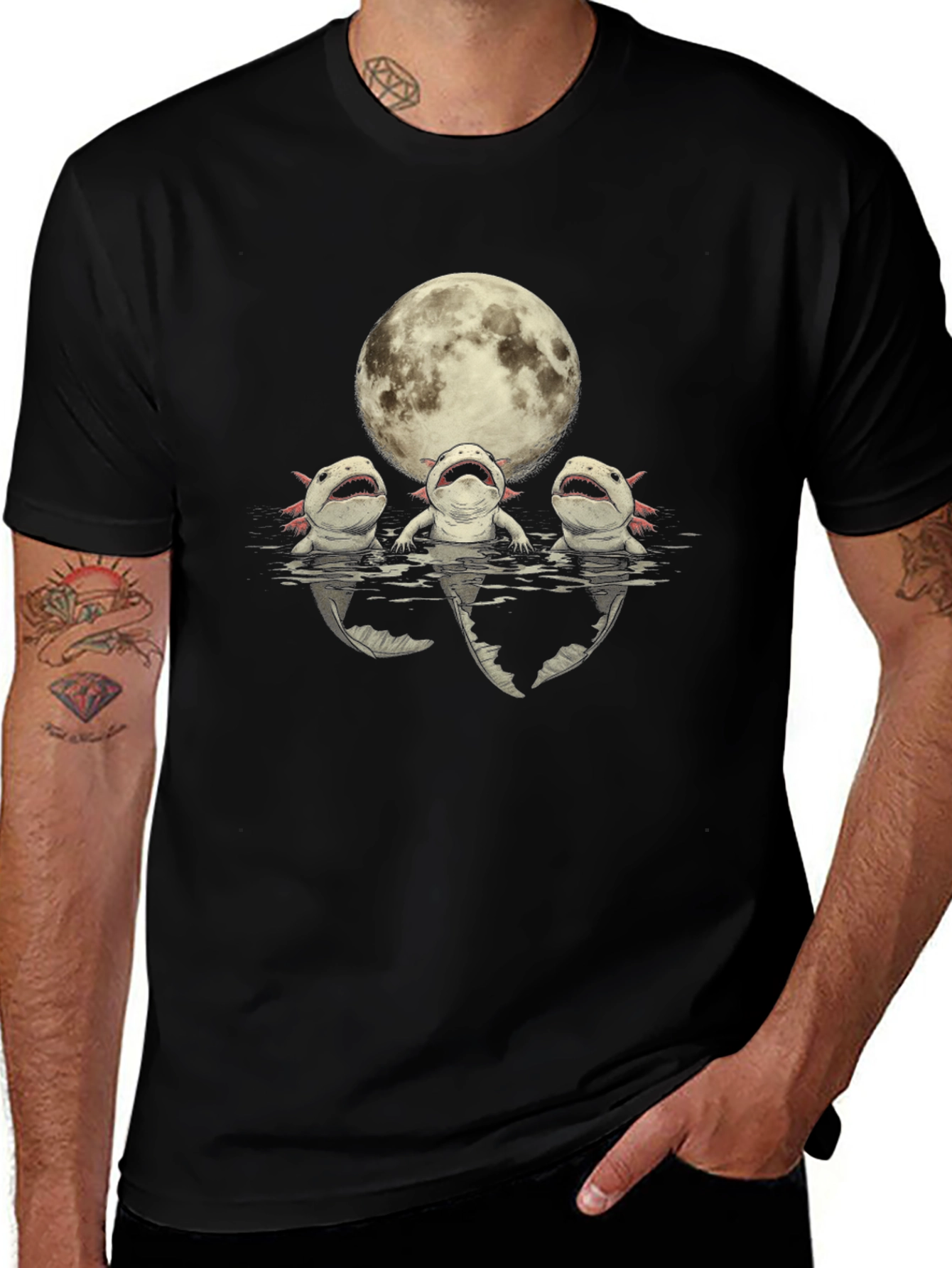 Camiseta Negra Axolotl Bajo la Luna