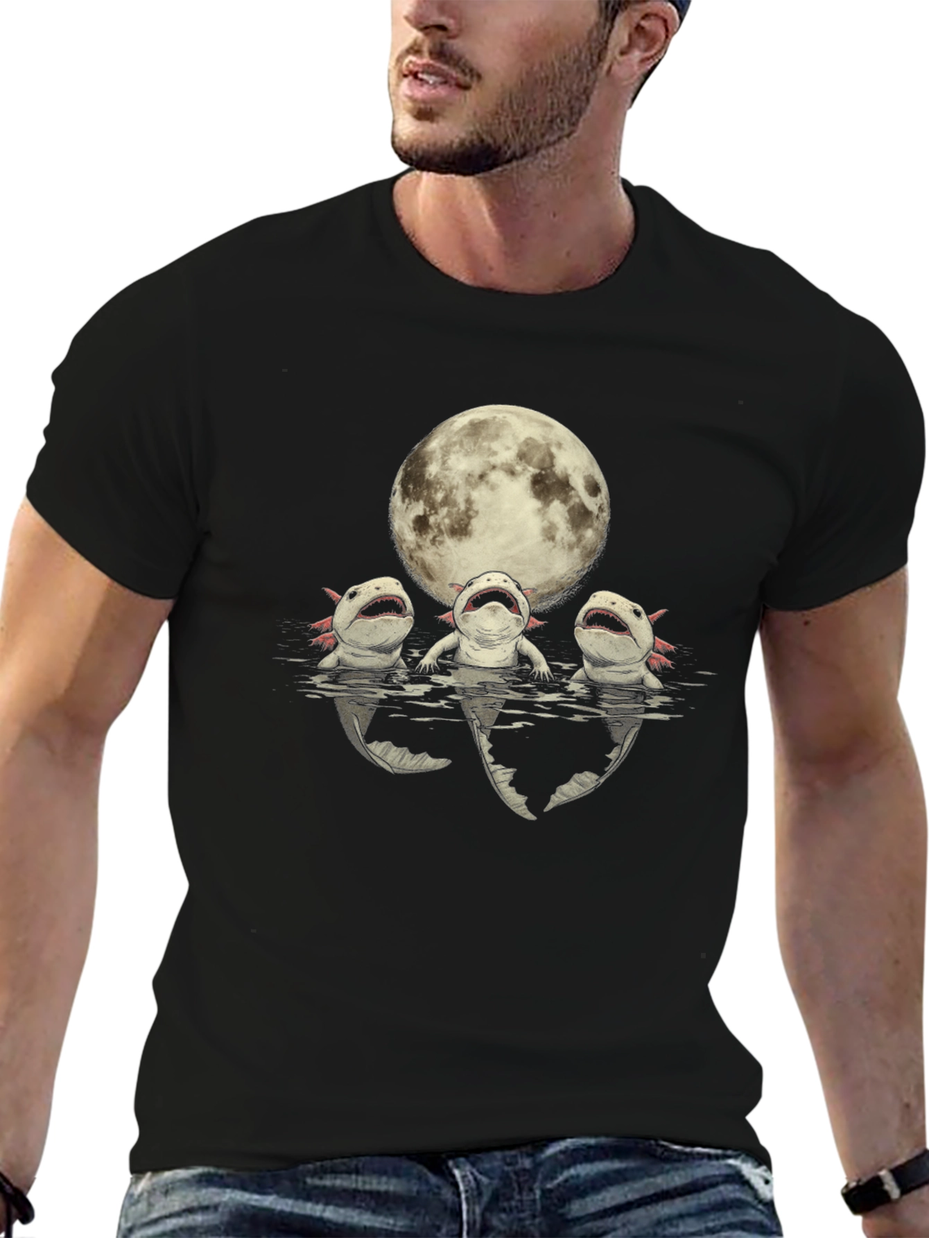 Camiseta Negra Axolotl Bajo la Luna