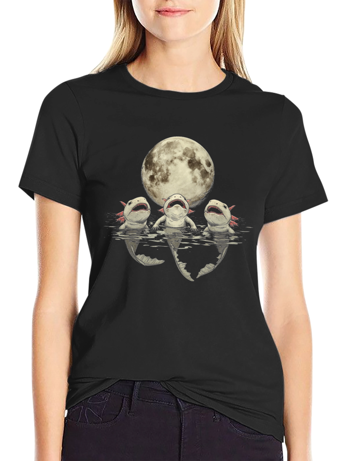 Camiseta Negra Axolotl Bajo la Luna