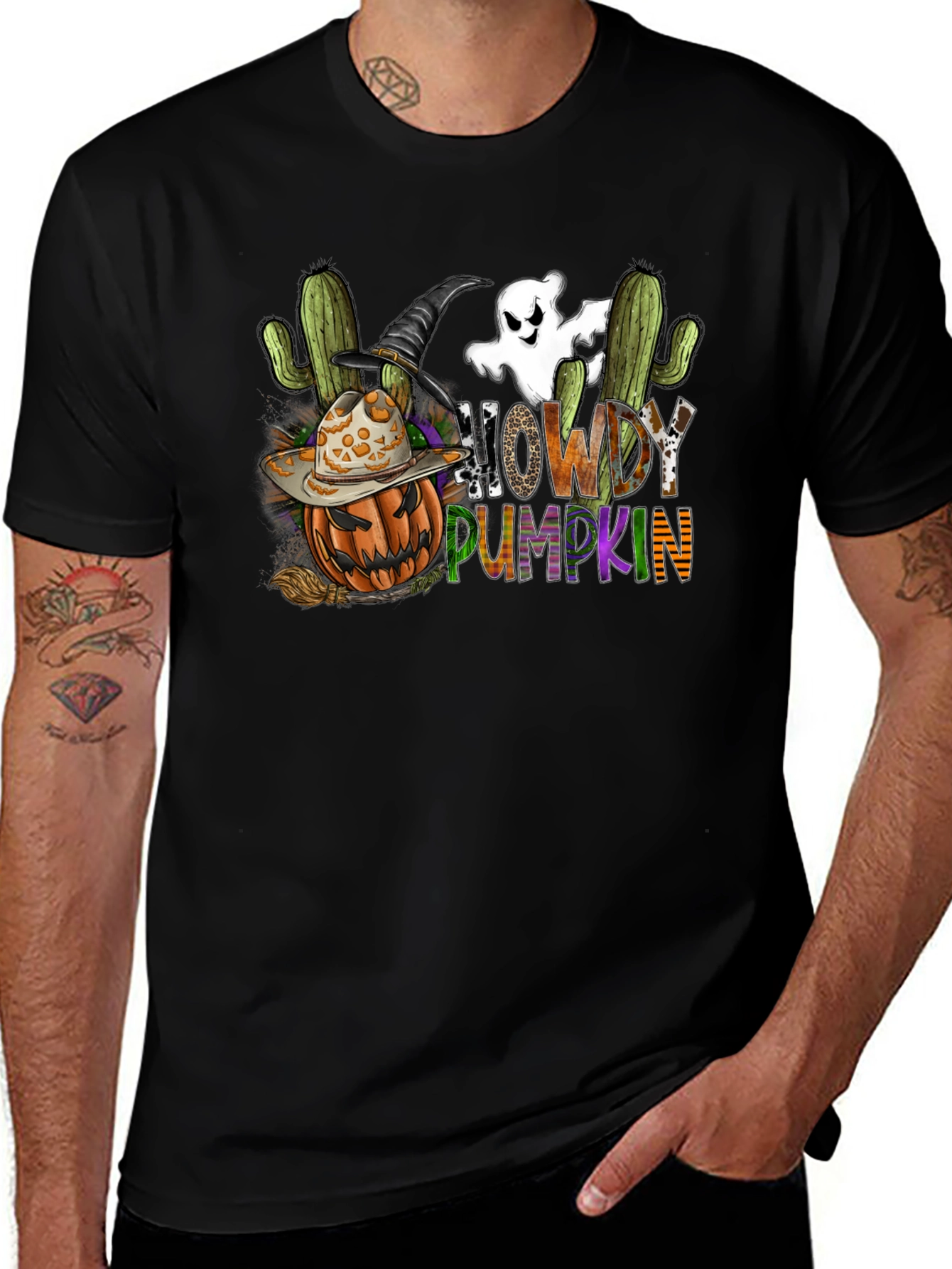 Camiseta Negra Halloween Howdy Pumpkin