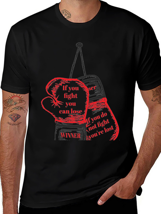 Camiseta Negra con Diseño de Guantes de Boxeo y Frases