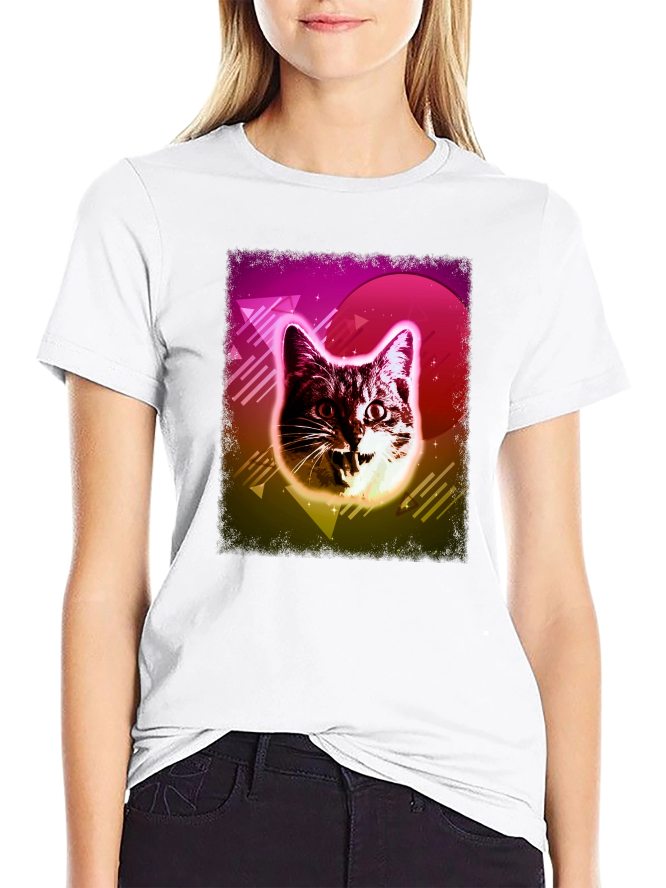 Camiseta Negra con Diseño Retro de Gato