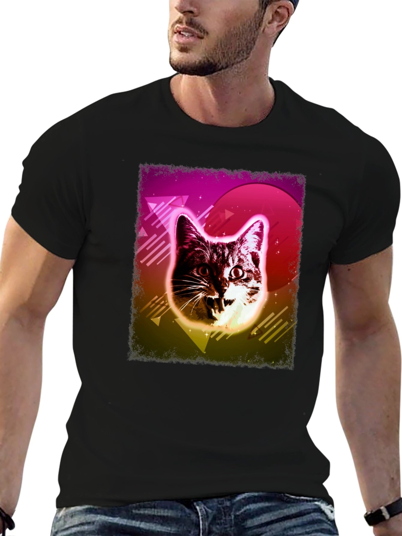 Camiseta Negra con Diseño Retro de Gato