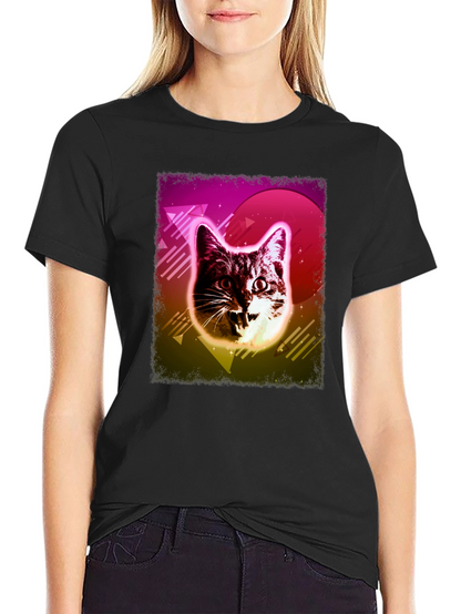 Camiseta Negra con Diseño Retro de Gato