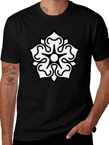 Camiseta Negra Hombre Diseño Floral Blanco
