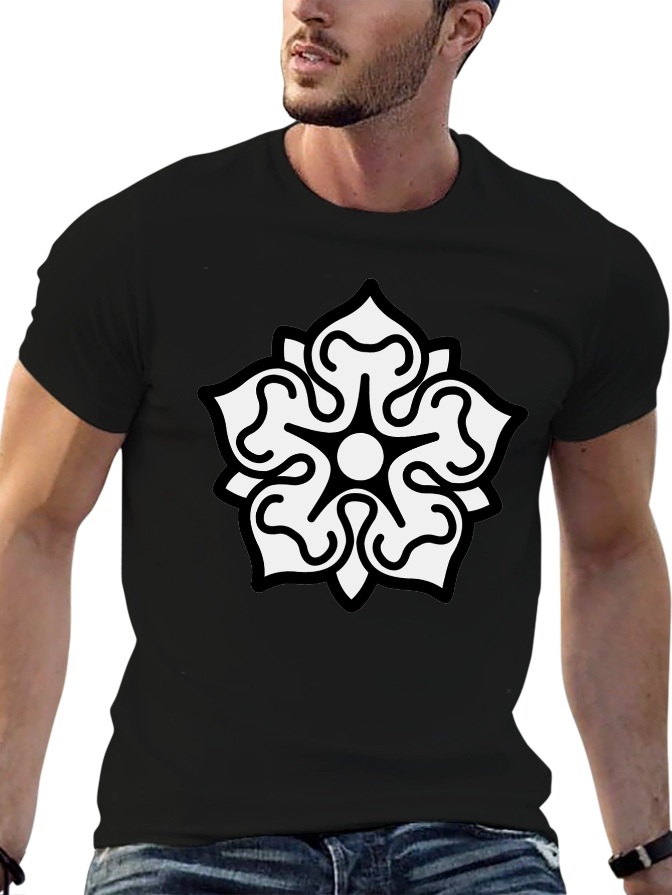 Camiseta Negra Hombre Diseño Floral Blanco