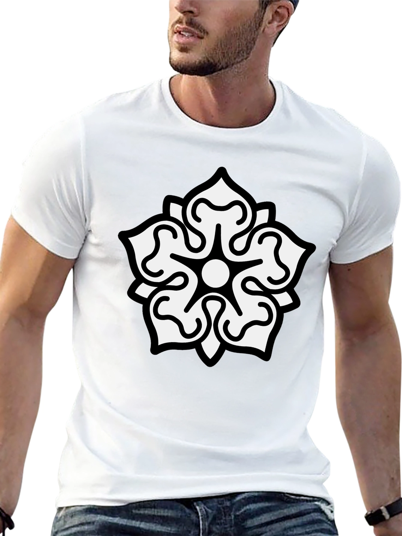 Camiseta Negra Hombre Diseño Floral Blanco