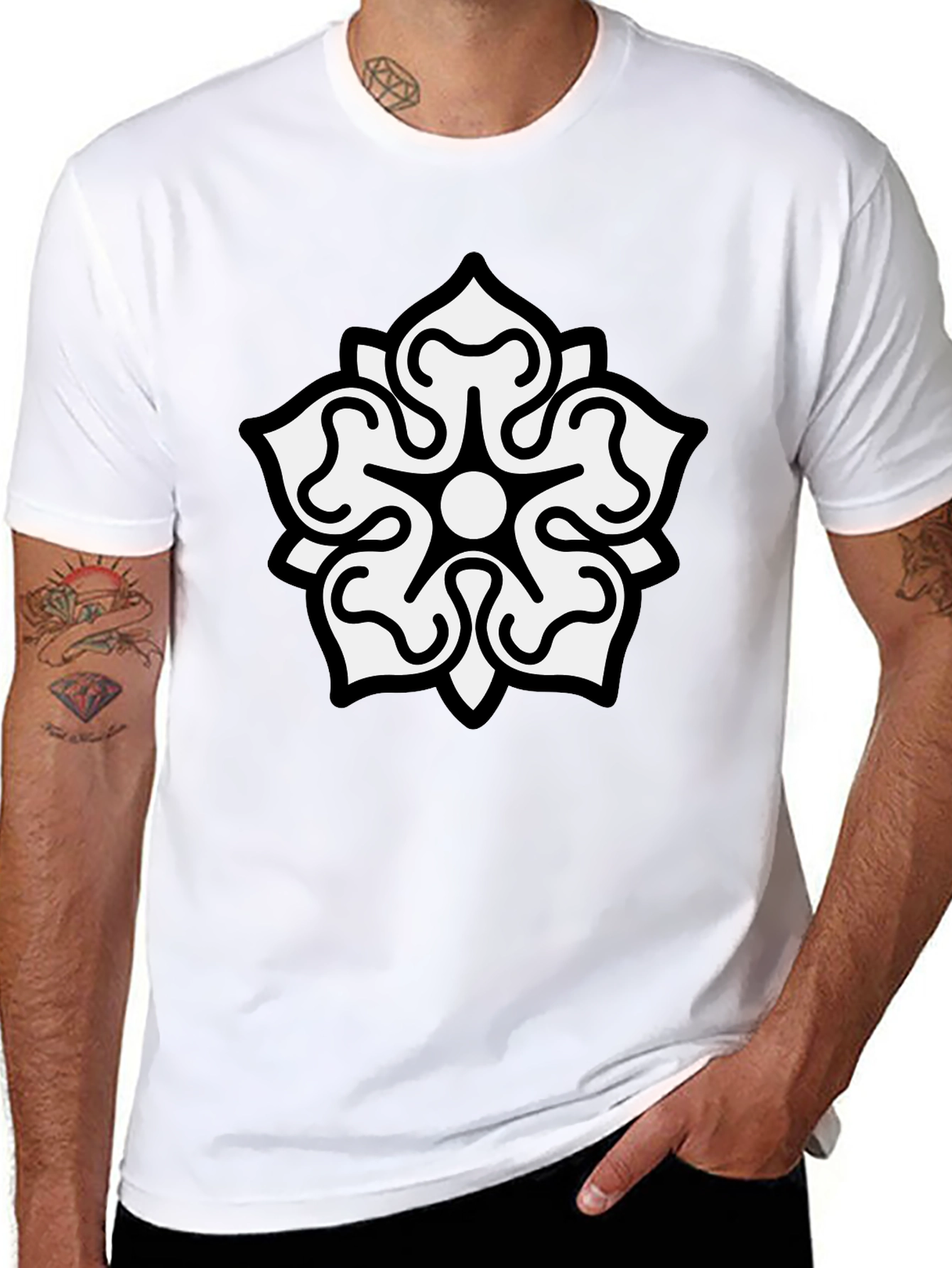 Camiseta Negra Hombre Diseño Floral Blanco