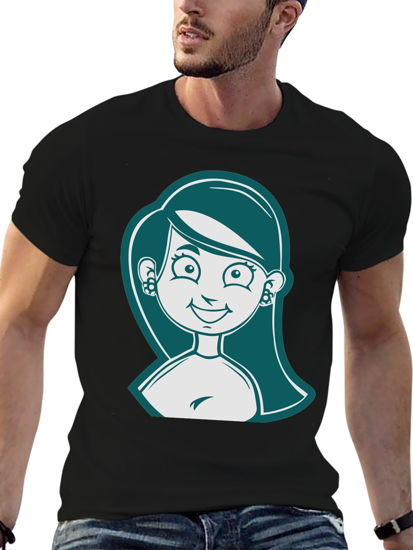 Camiseta Negra con Diseño de Mujer Caricaturizada