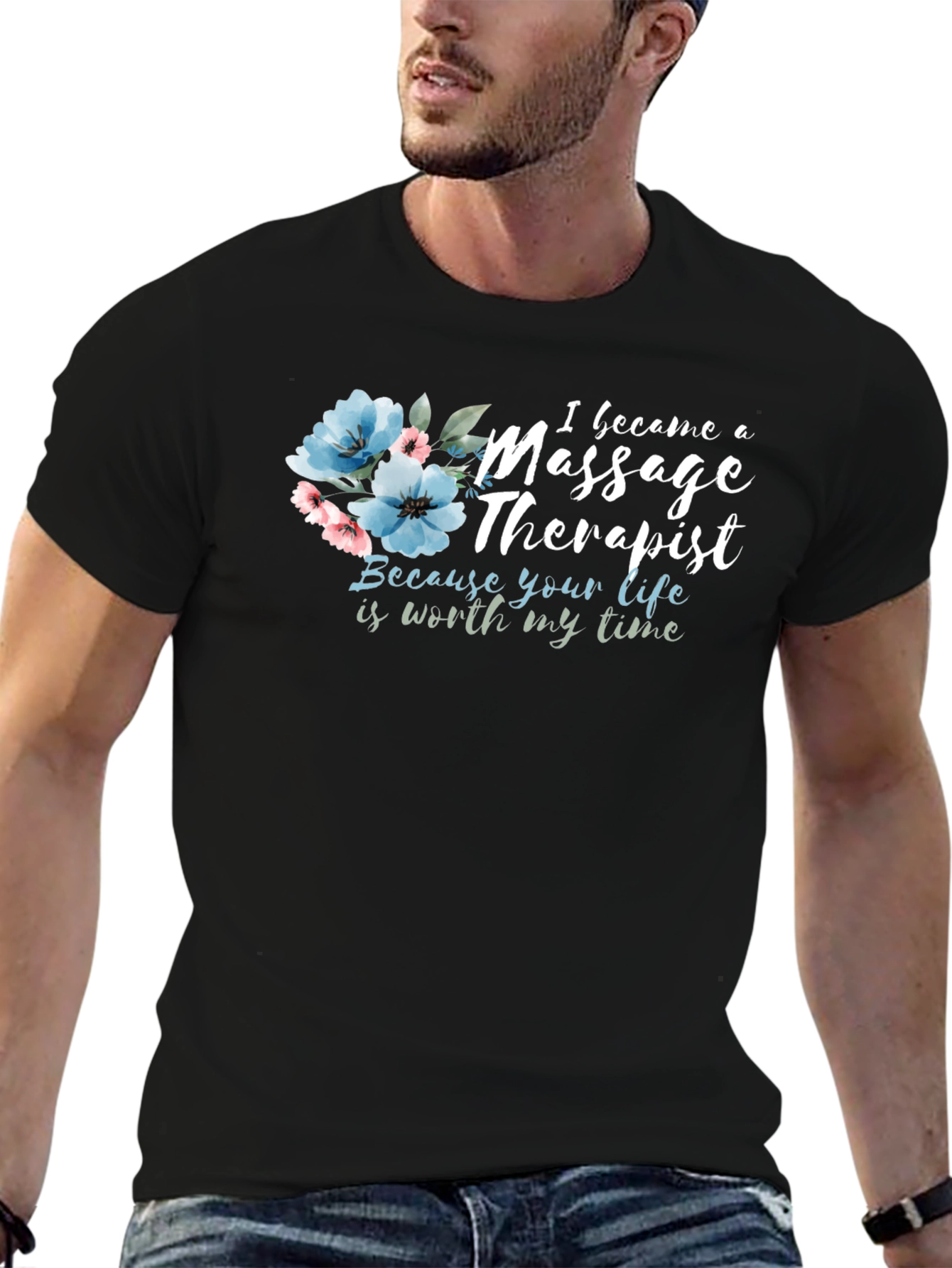 Camiseta Negra Masajista con Flores