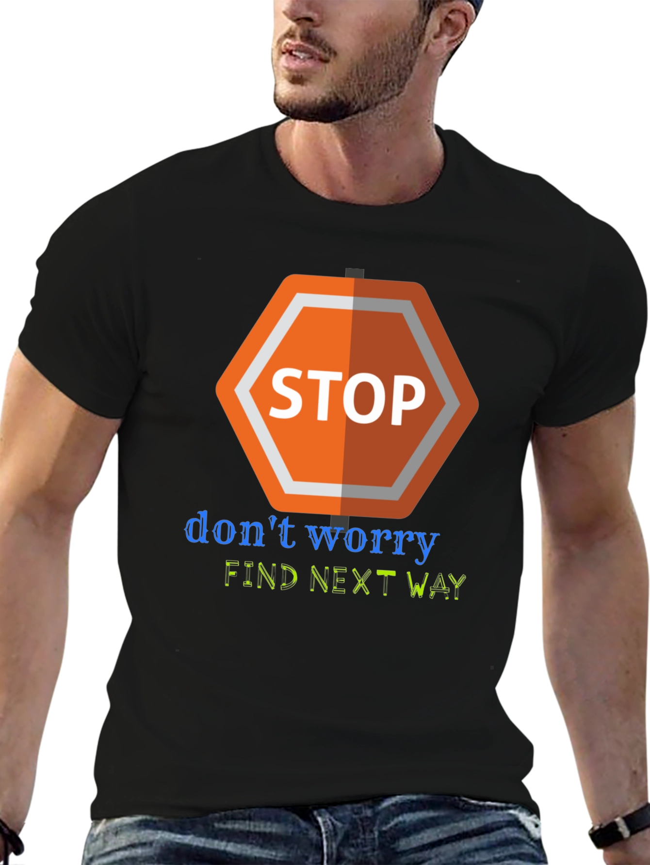 Camiseta Negra con Diseño Stop Worry