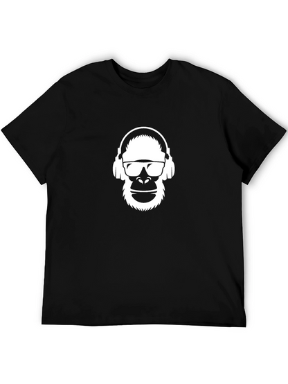 Camiseta Negra Hombre Diseño Mono con Auriculares