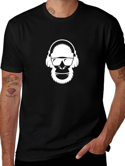 Camiseta Negra Hombre Diseño Mono con Auriculares