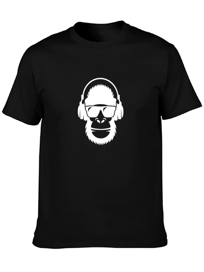 Camiseta Negra Hombre Diseño Mono con Auriculares