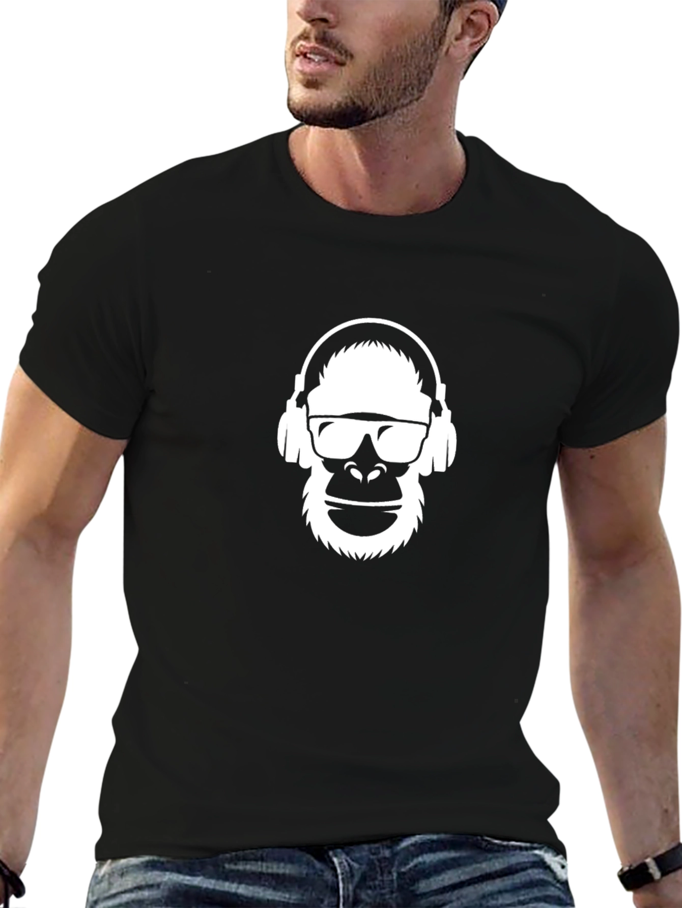 Camiseta Negra Hombre Diseño Mono con Auriculares