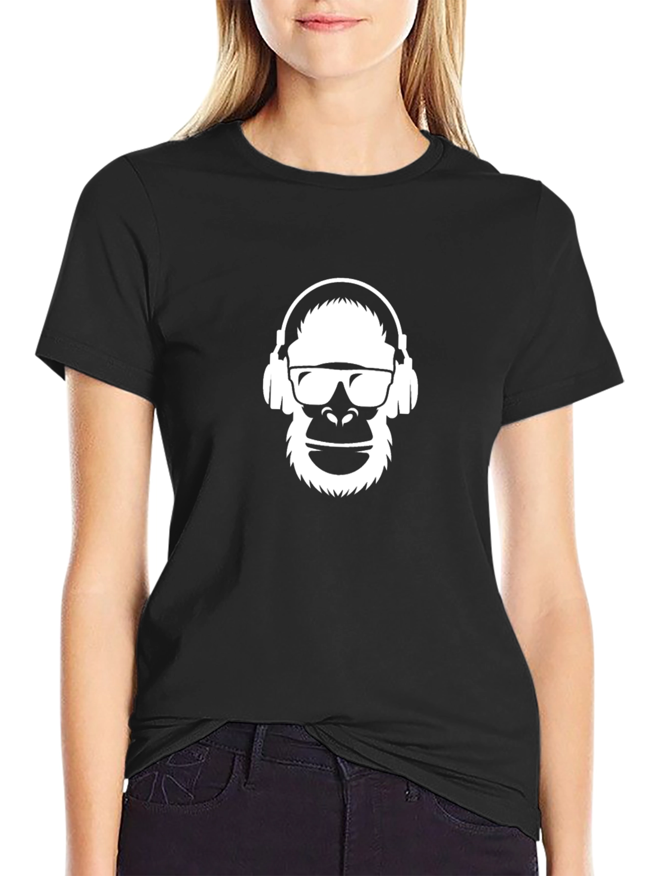 Camiseta Negra Hombre Diseño Mono con Auriculares