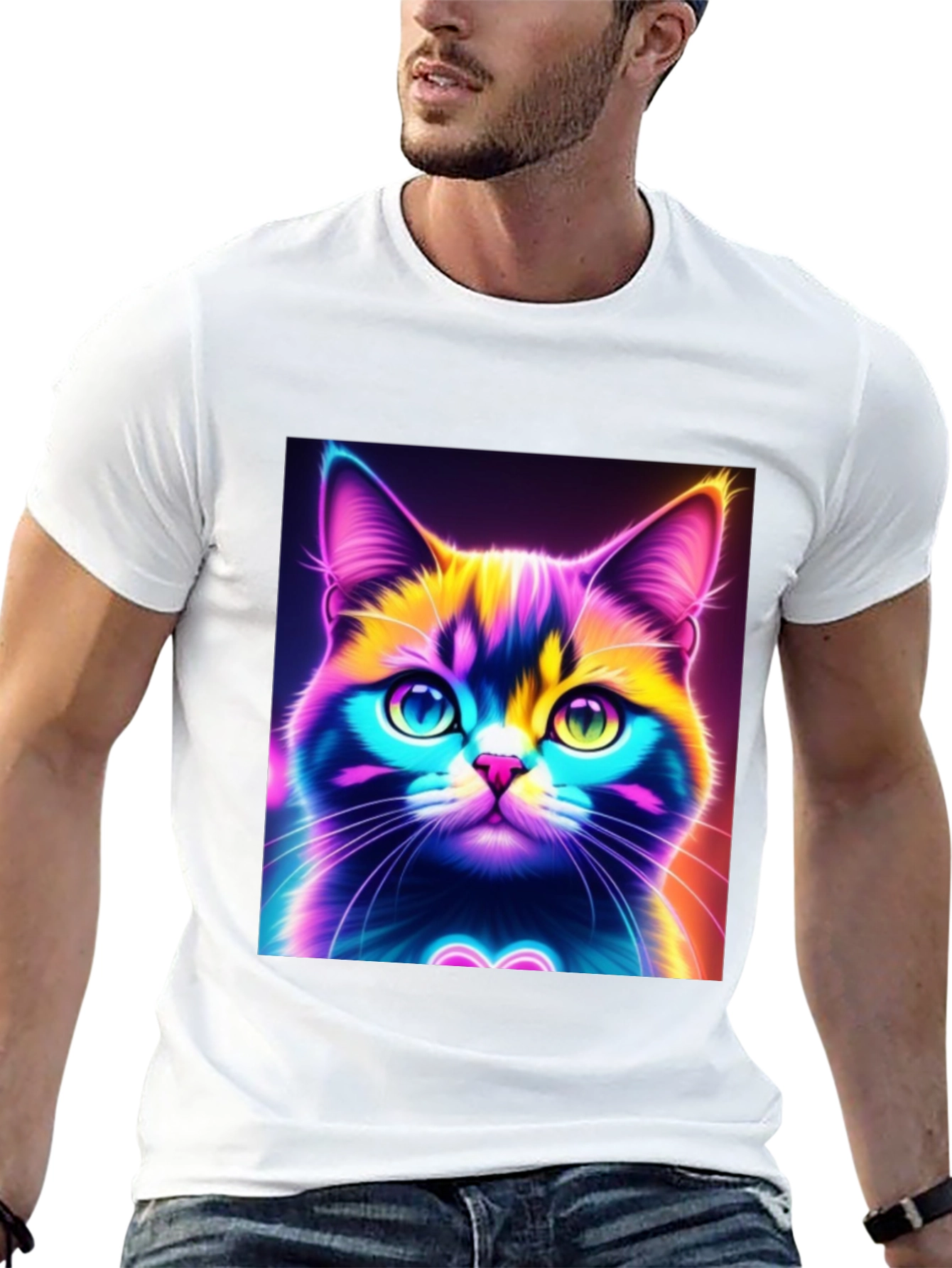 Camiseta Negra con Diseño de Gato Neón