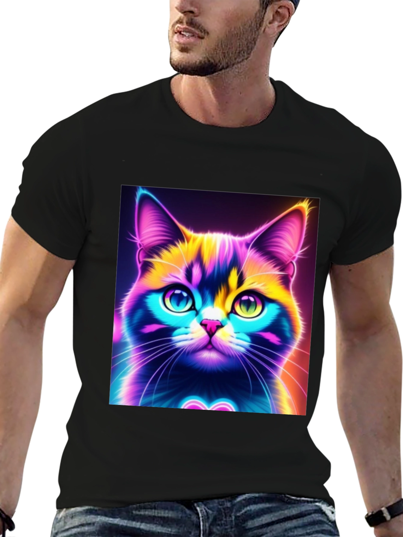 Camiseta Negra con Diseño de Gato Neón