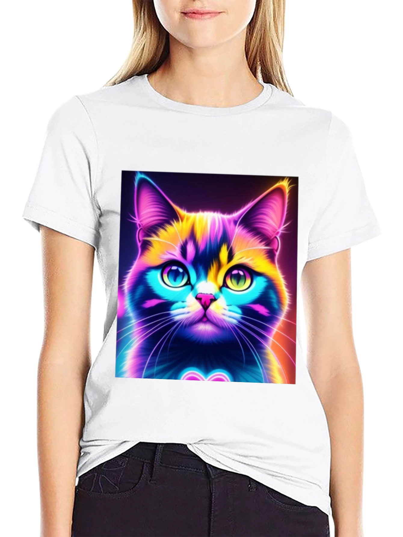 Camiseta Negra con Diseño de Gato Neón