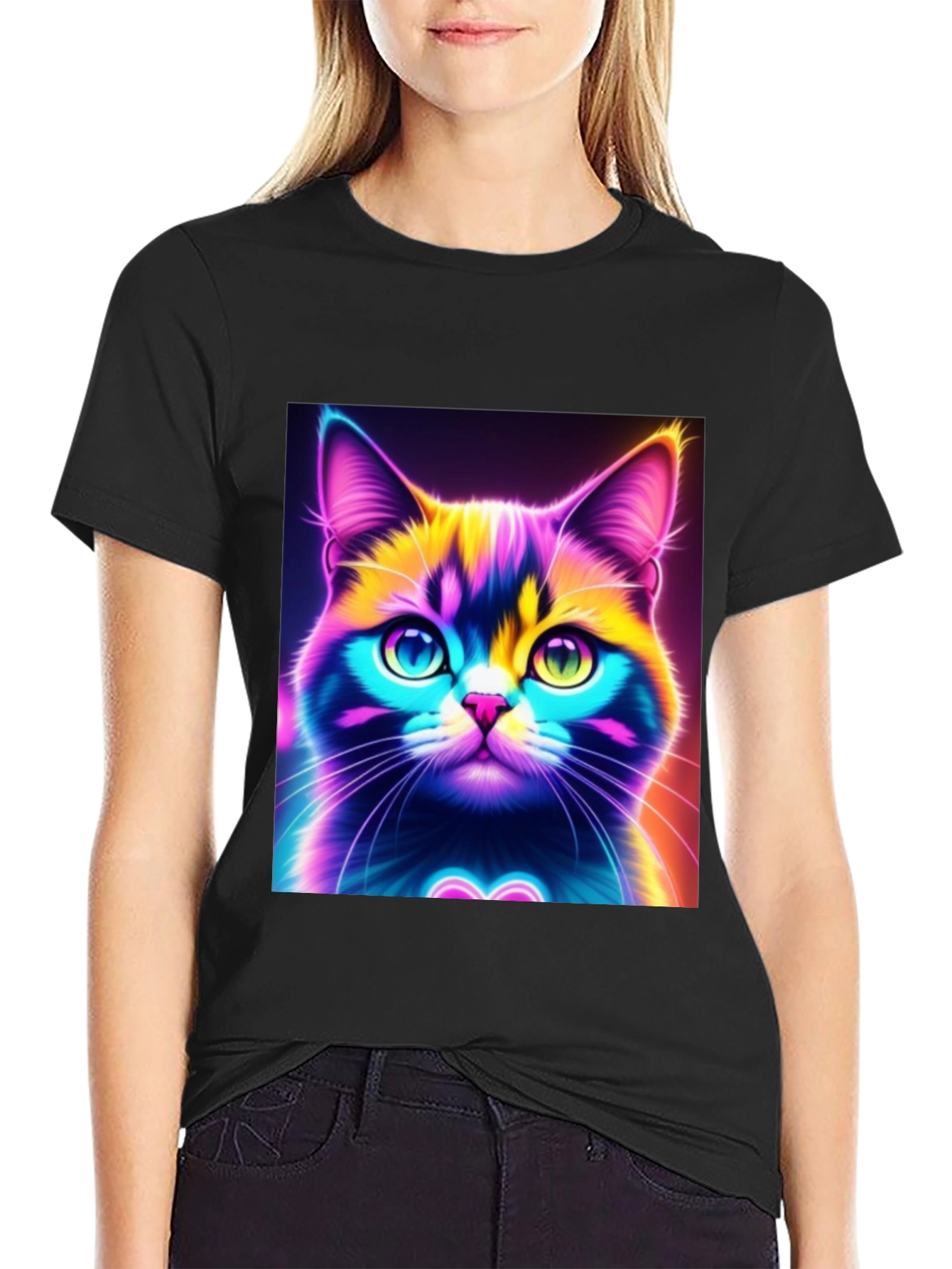 Camiseta Negra con Diseño de Gato Neón