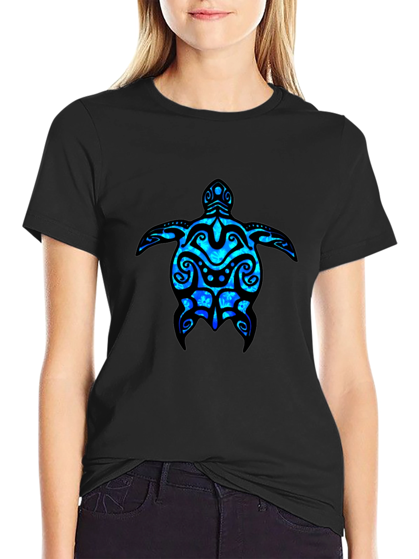 Camiseta Negra con Diseño de Tortuga Marina Azul