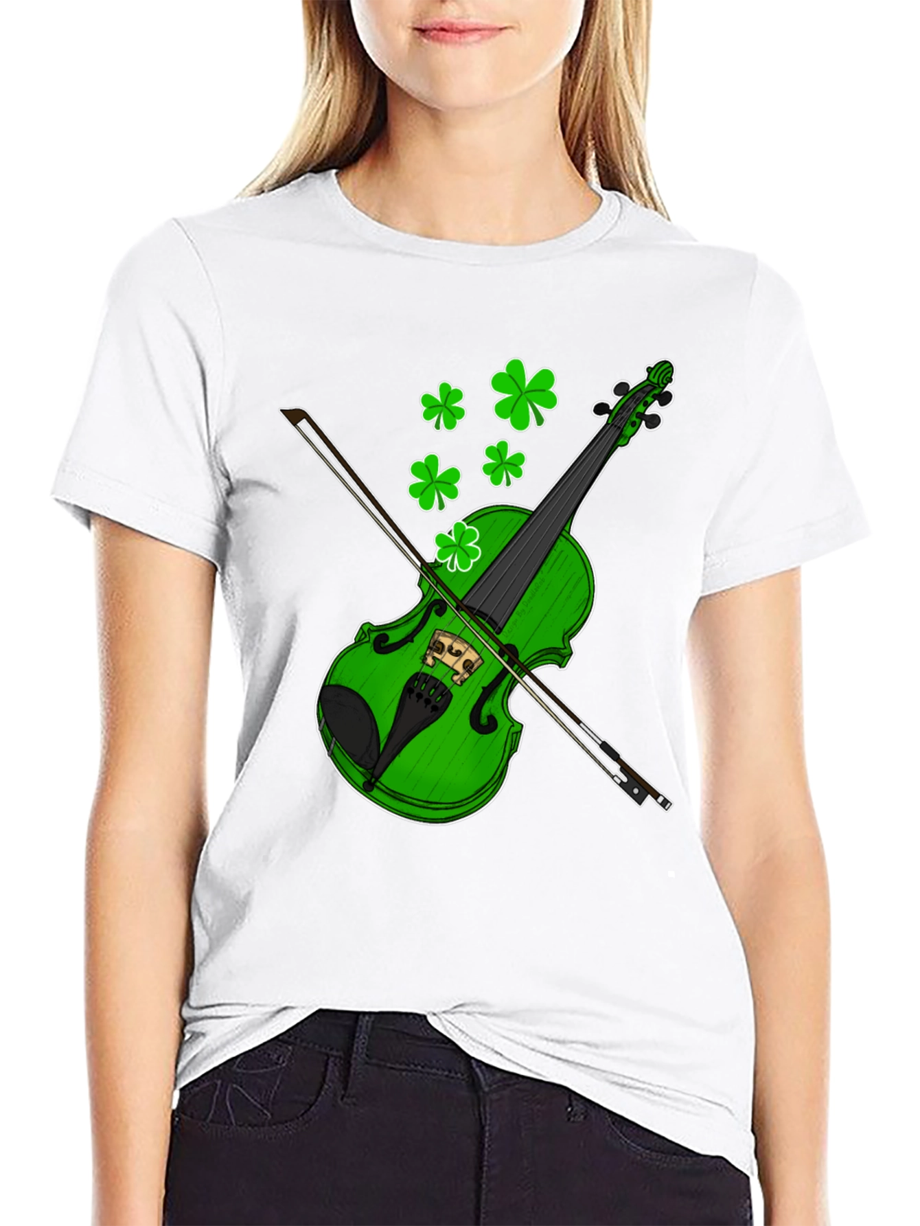 Camiseta Negra con Diseño de Violín Trébol St. Patrick
