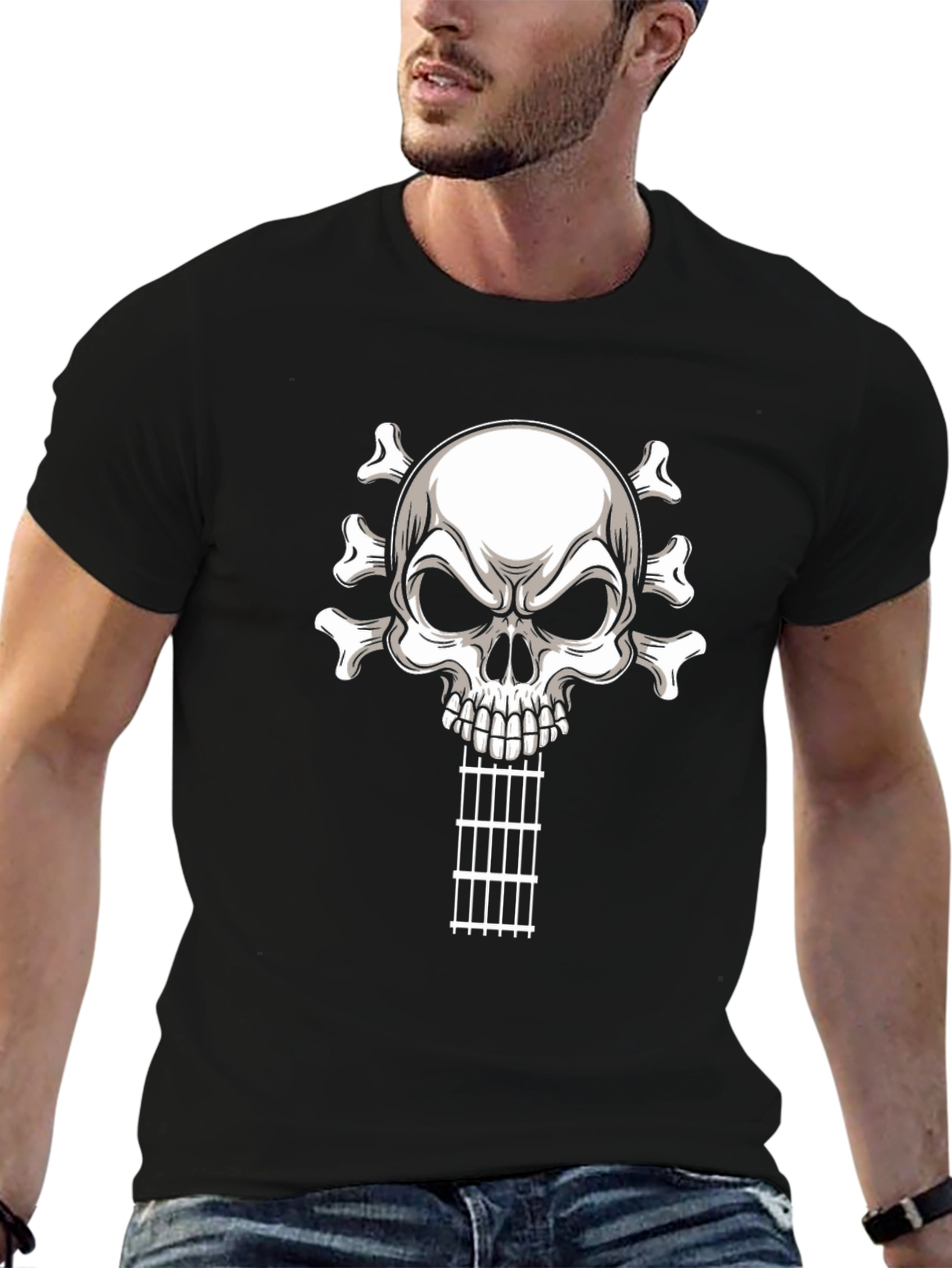Camiseta Negra con Calavera Guitarra Rock