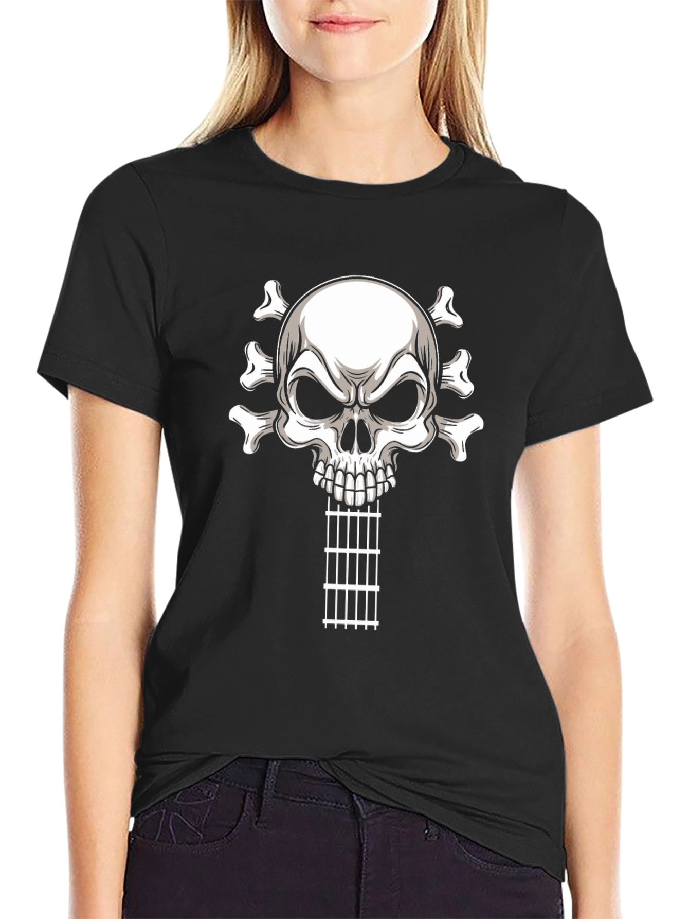 Camiseta Negra con Calavera Guitarra Rock