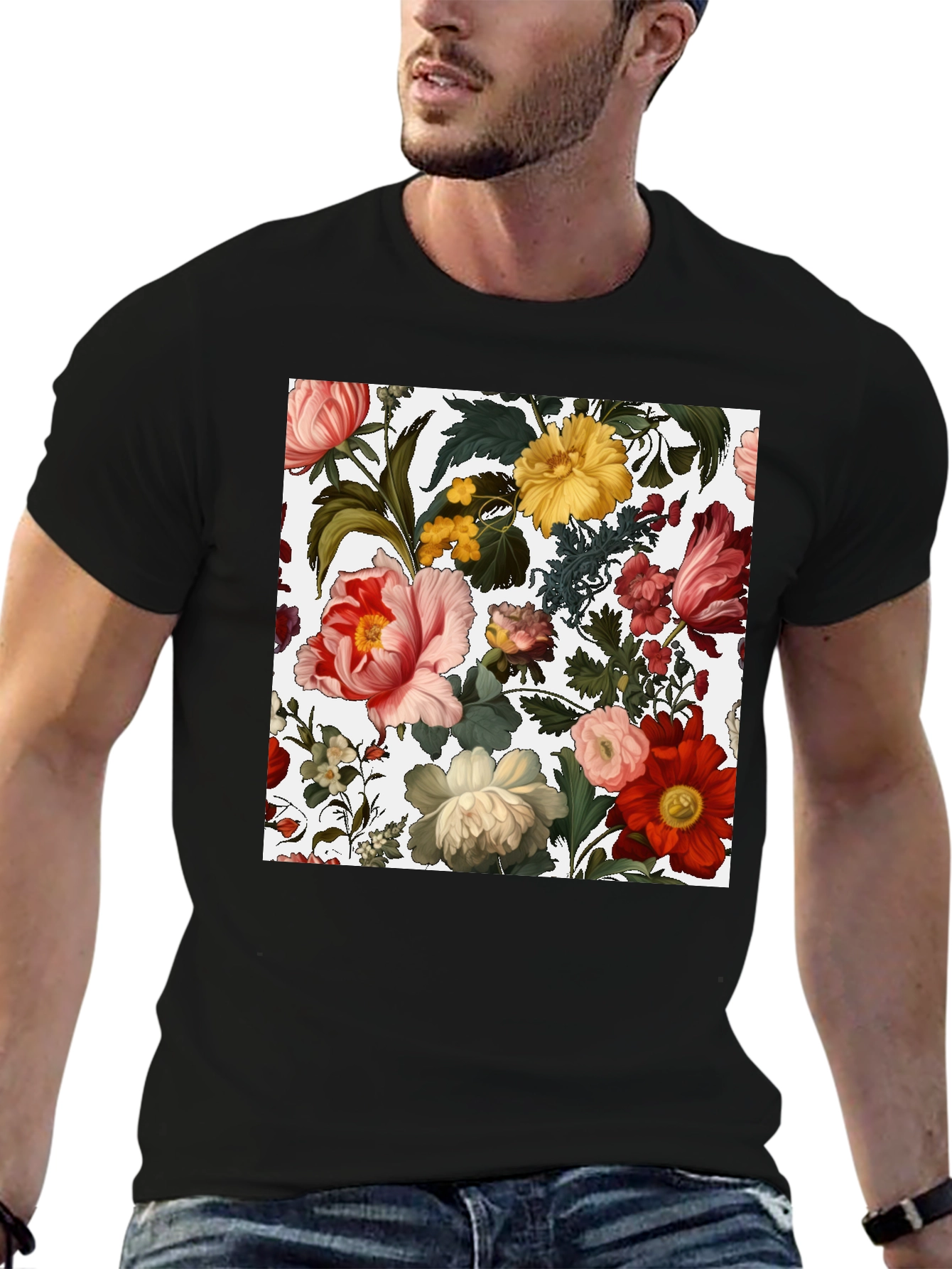 Camiseta Negra con Diseño Floral Clásico
