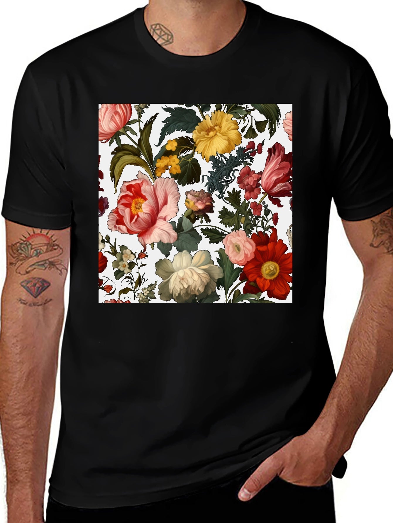 Camiseta Negra con Diseño Floral Clásico