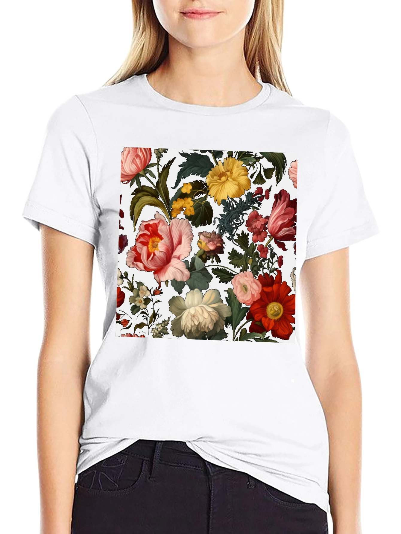 Camiseta Negra con Diseño Floral Clásico