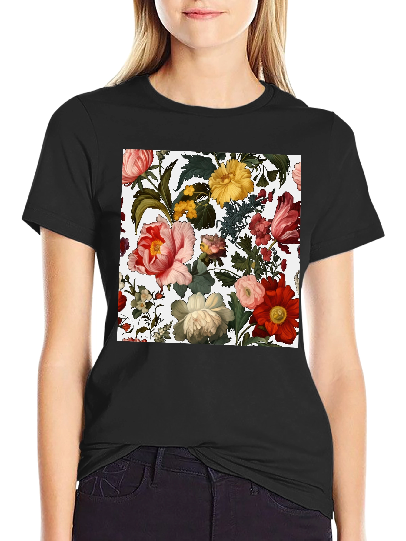 Camiseta Negra con Diseño Floral Clásico