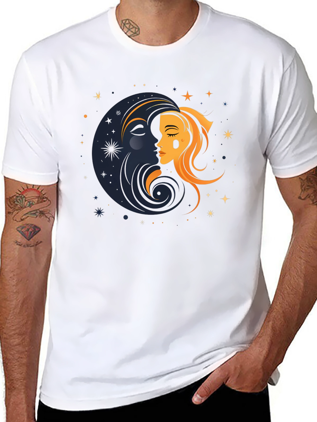 Camiseta Negra Unisex con Diseño de Sol y Luna