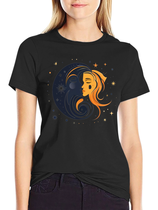 Camiseta Negra Unisex con Diseño de Sol y Luna