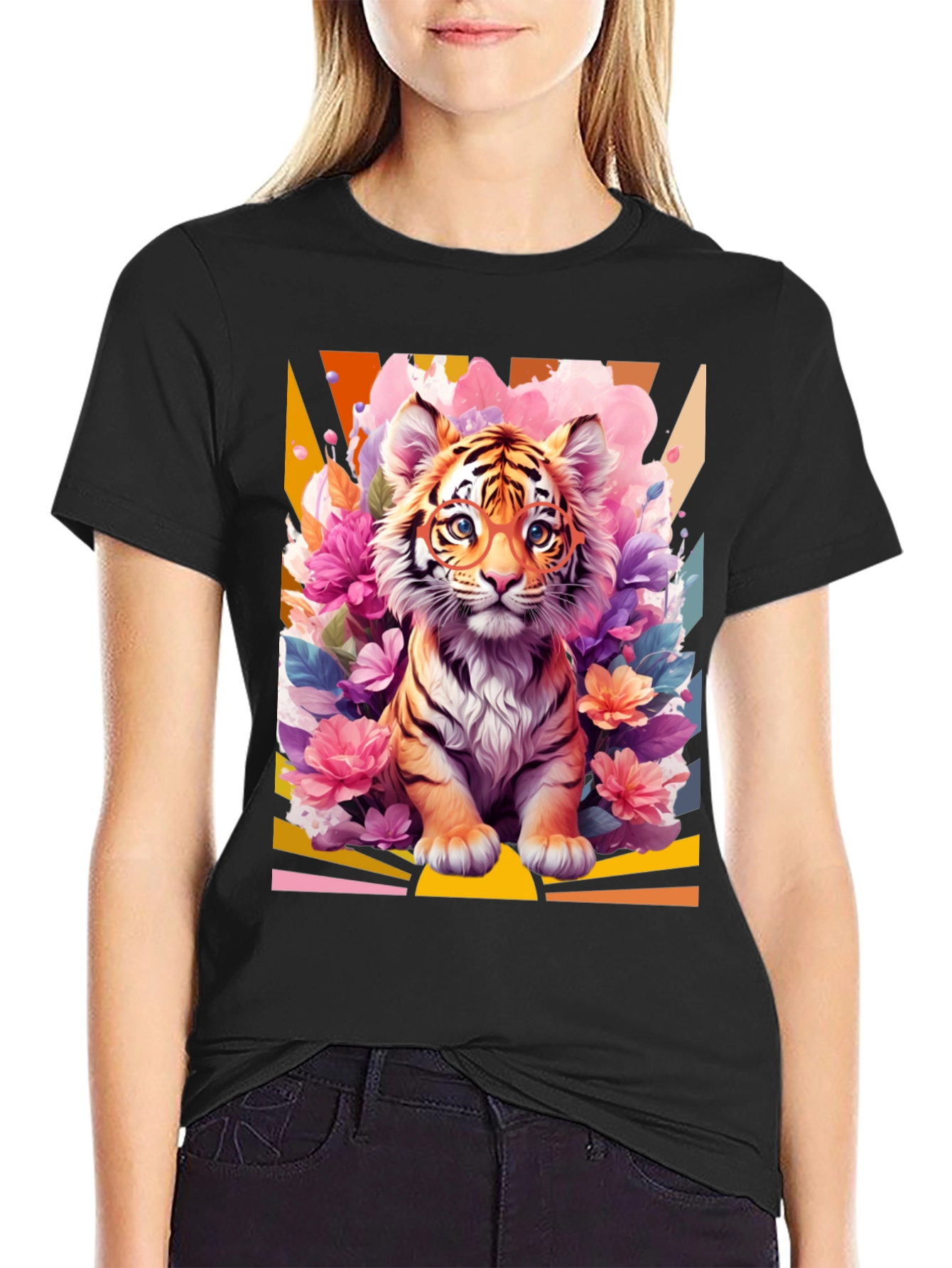 Camiseta Negra con Diseño de Tigre Floral