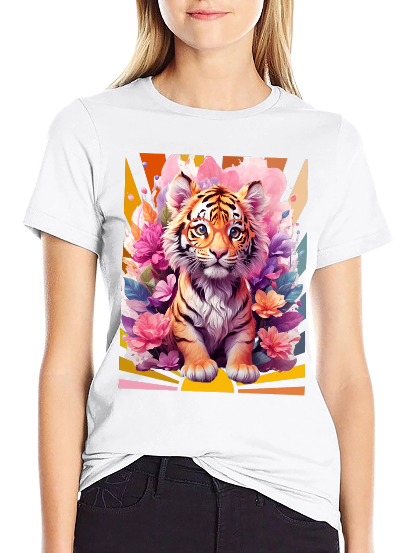 Camiseta Negra con Diseño de Tigre Floral
