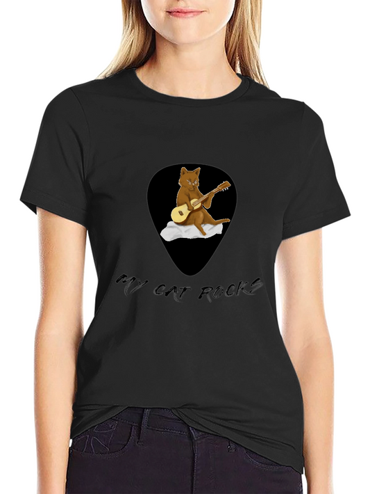 Camiseta Negra con Diseño de Gato Rockero