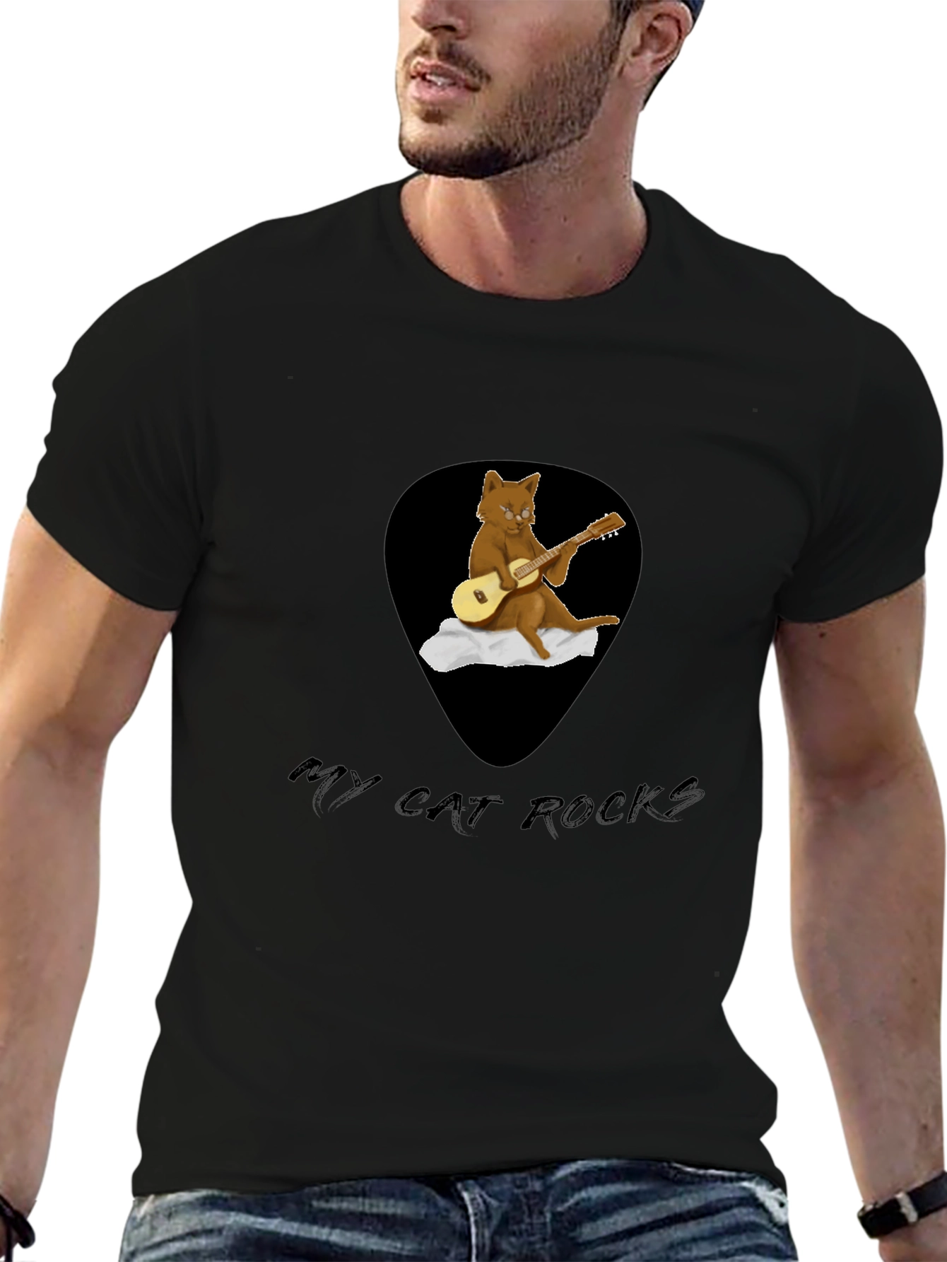 Camiseta Negra con Diseño de Gato Rockero