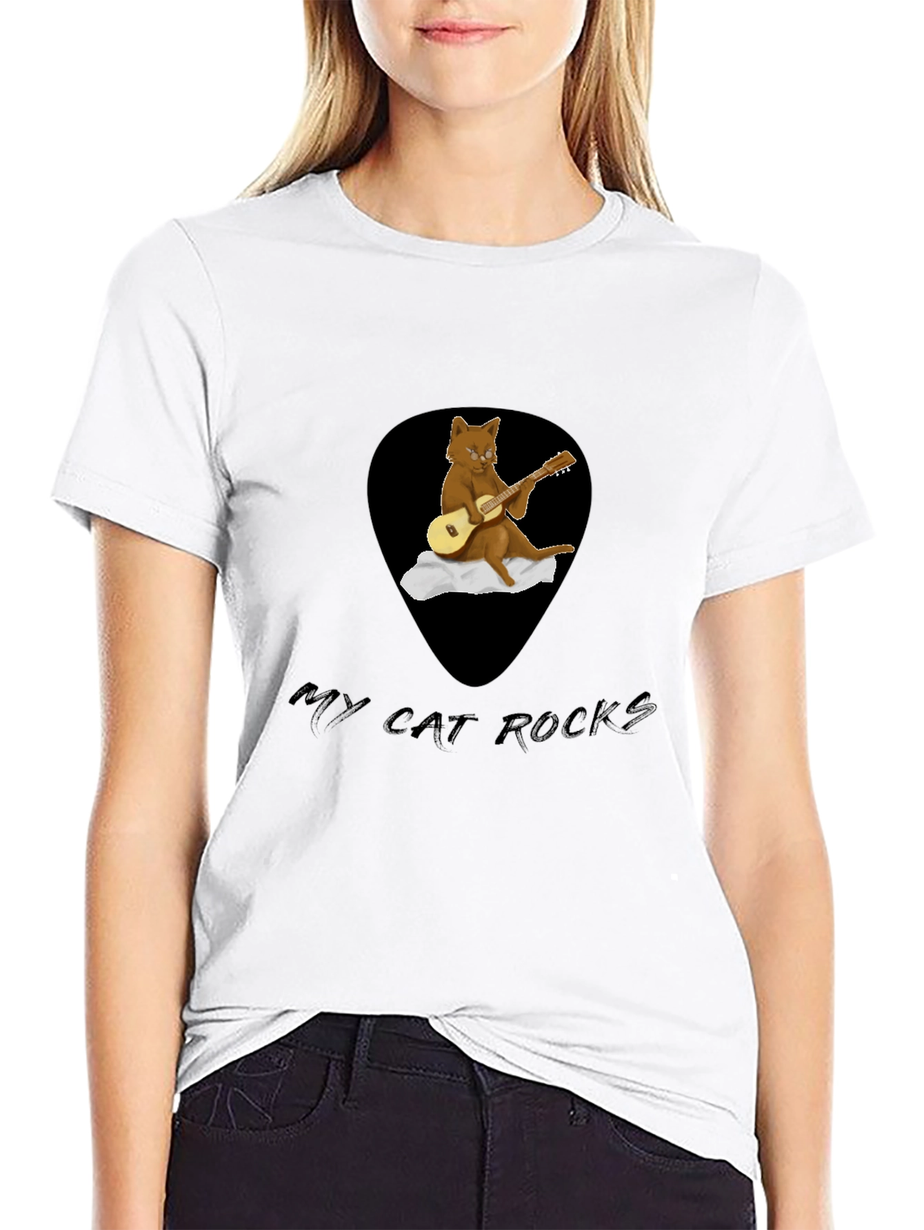 Camiseta Negra con Diseño de Gato Rockero