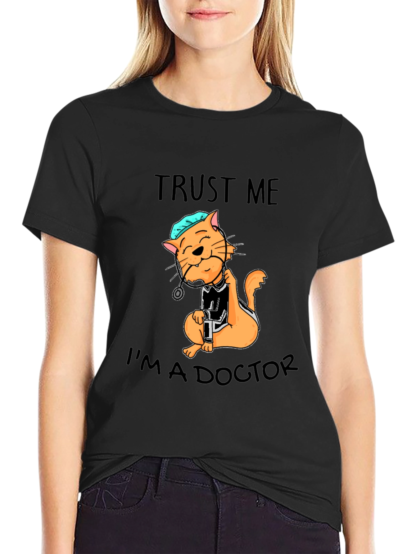 Camiseta Negra con Diseño de Gato Doctor