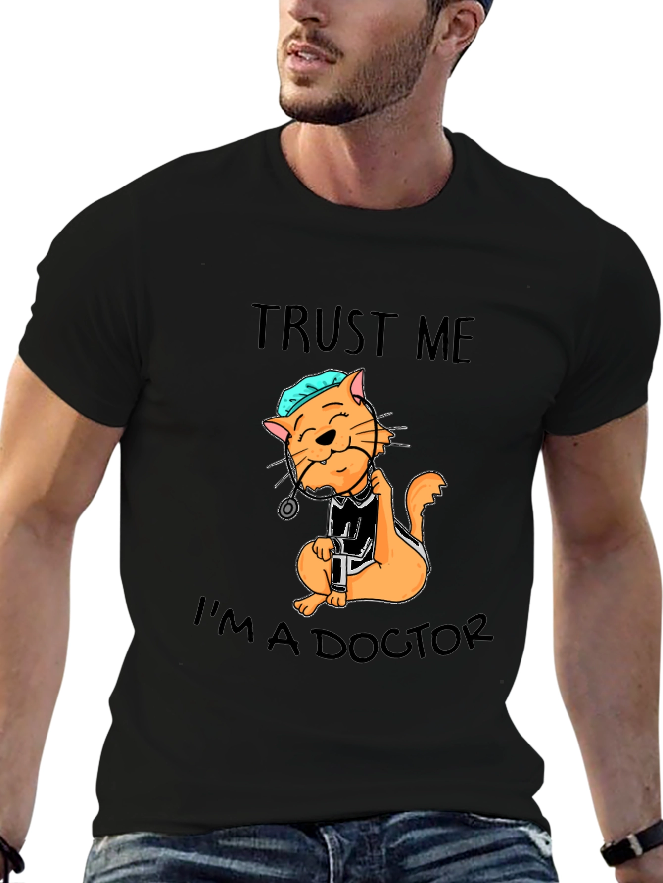 Camiseta Negra con Diseño de Gato Doctor