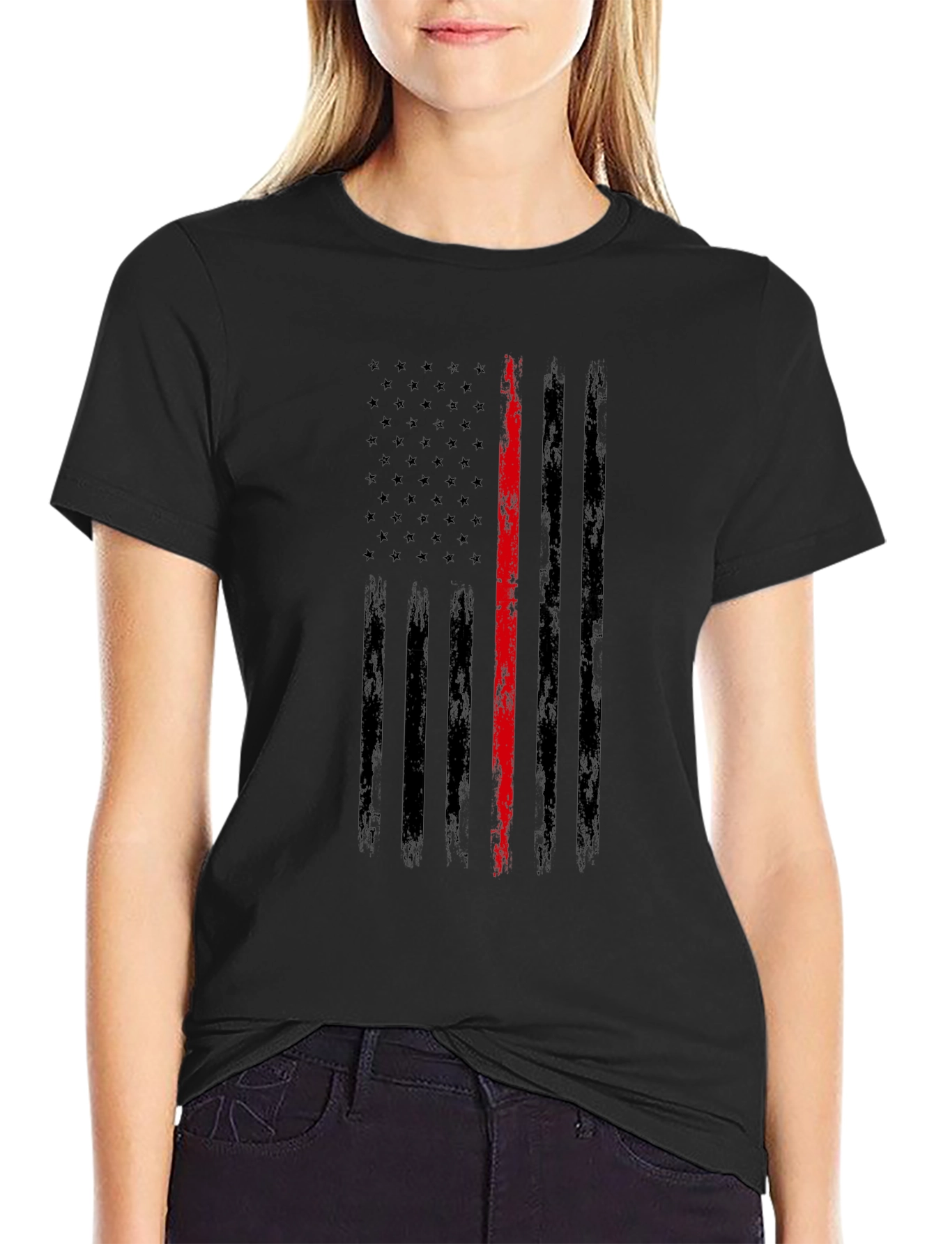 Camiseta Negra Bandera Fina Roja