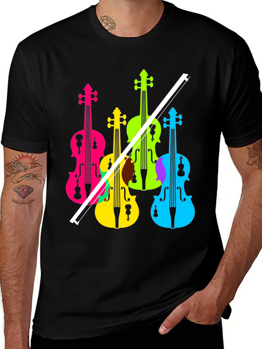Camiseta Negra con Diseño de Violines Coloridos