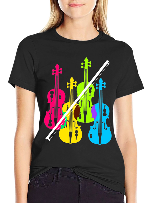 Camiseta Negra con Diseño de Violines Coloridos