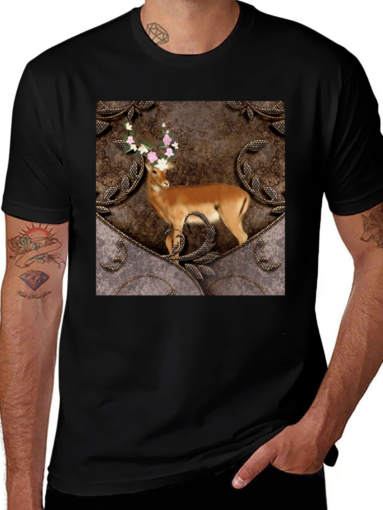 Camiseta Negra con Diseño de Ciervo Floral