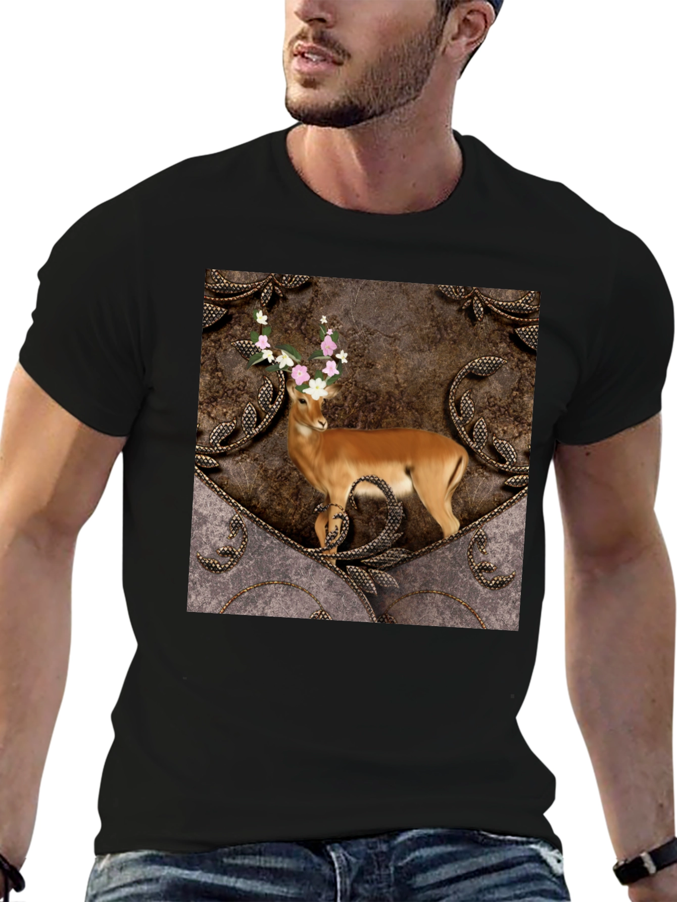 Camiseta Negra con Diseño de Ciervo Floral