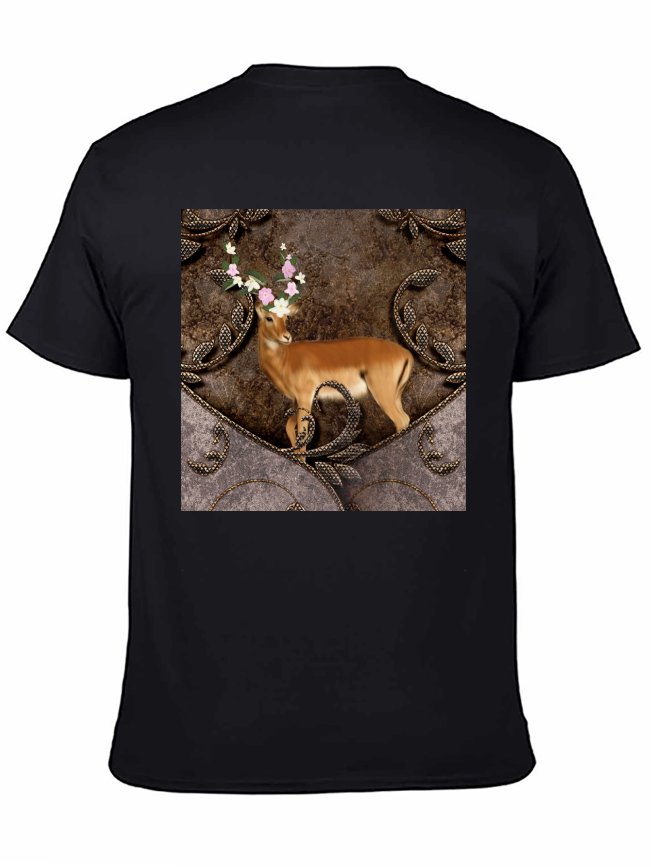 Camiseta Negra con Diseño de Ciervo Floral